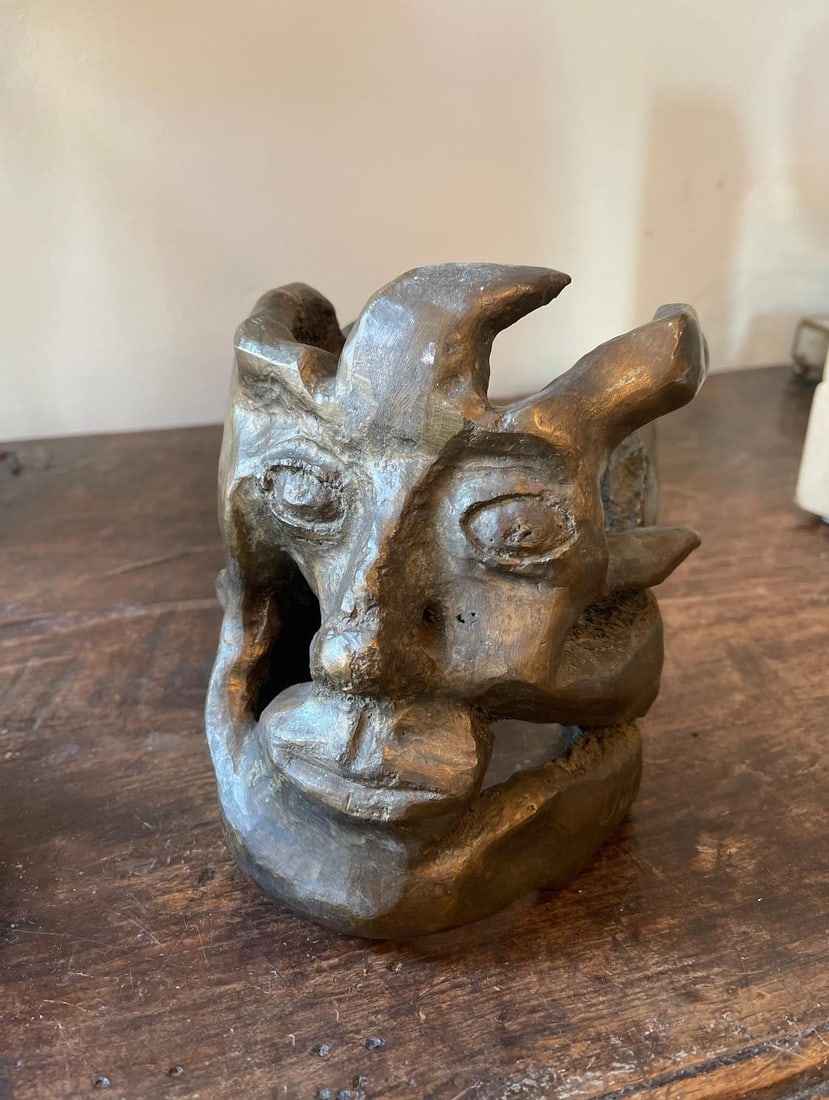Vintage Bronze Abstract Brutalist Face Sculpture - Signed West - Mid-Century Studio Art - 6