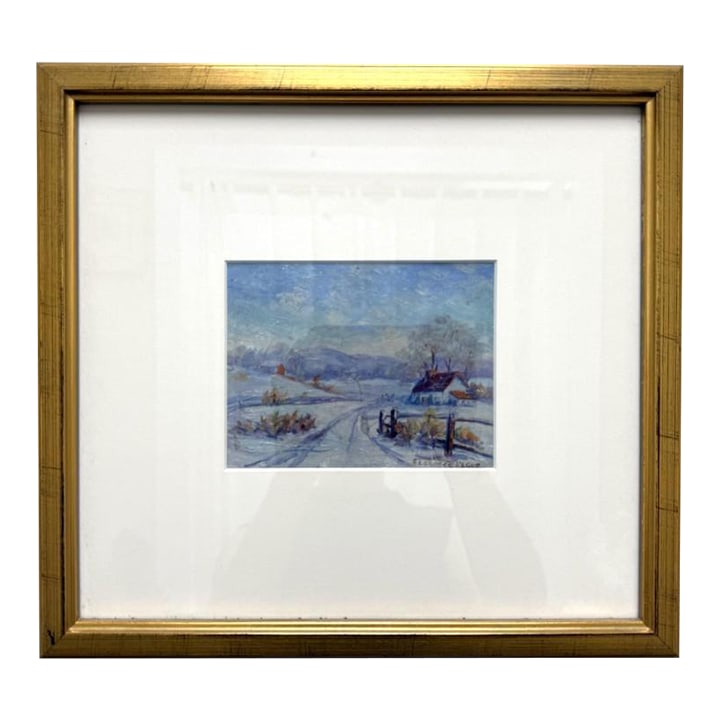 Early 20th Century Original Oil on Copper Painting of a Winter Farm: This original early oil on copper painting captures a serene winter farm scene with a snow-covered road leading toward a cozy farmhouse and distant hills. The artist uses cool blue and lavender tones