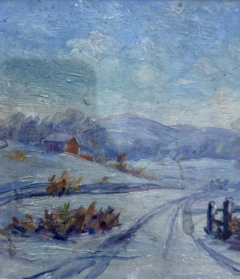 Early 20th Century Original Oil on Copper Painting of a Winter Farm - 5