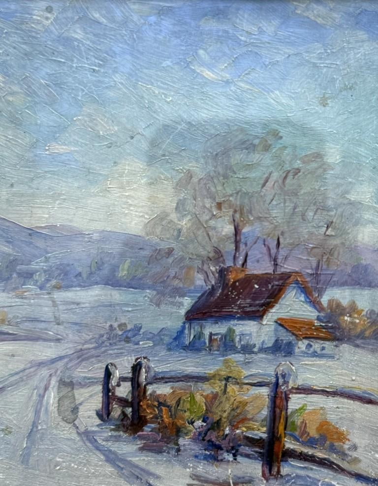 Early 20th Century Original Oil on Copper Painting of a Winter Farm - 6