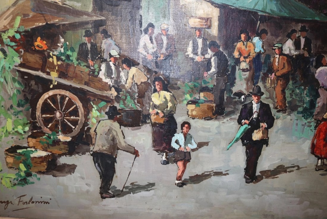 Vintage Original Fruit Vegetable Farmers Market Landscape Oil Painting - 10