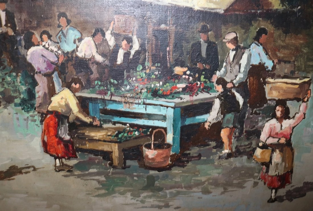 Vintage Original Fruit Vegetable Farmers Market Landscape Oil Painting - 12