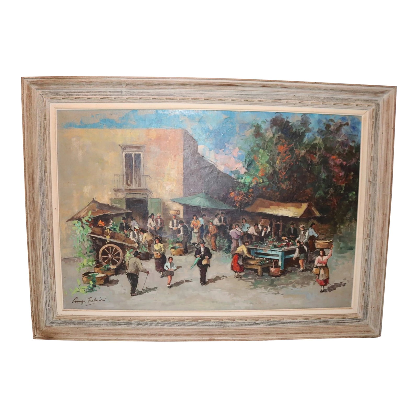 Vintage Original Fruit Vegetable Farmers Market Landscape Oil Painting: Up for sale is a wonderful vintage original signed farmers market oil painting on canvas. This stylized painting is done with rich color, very expressive strokes, and a lovely composition depicting a 