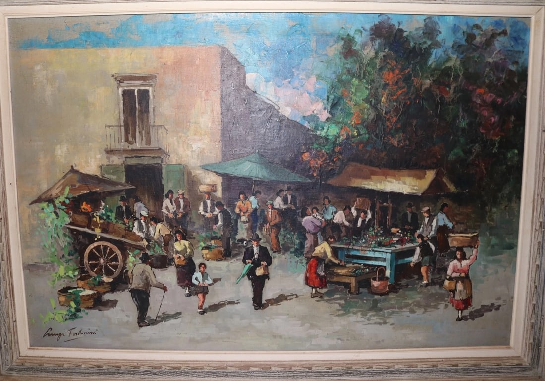Vintage Original Fruit Vegetable Farmers Market Landscape Oil Painting - 2
