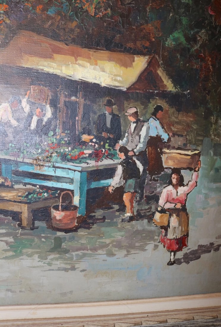 Vintage Original Fruit Vegetable Farmers Market Landscape Oil Painting - 4