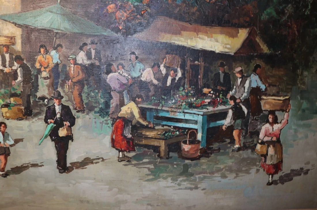 Vintage Original Fruit Vegetable Farmers Market Landscape Oil Painting - 5