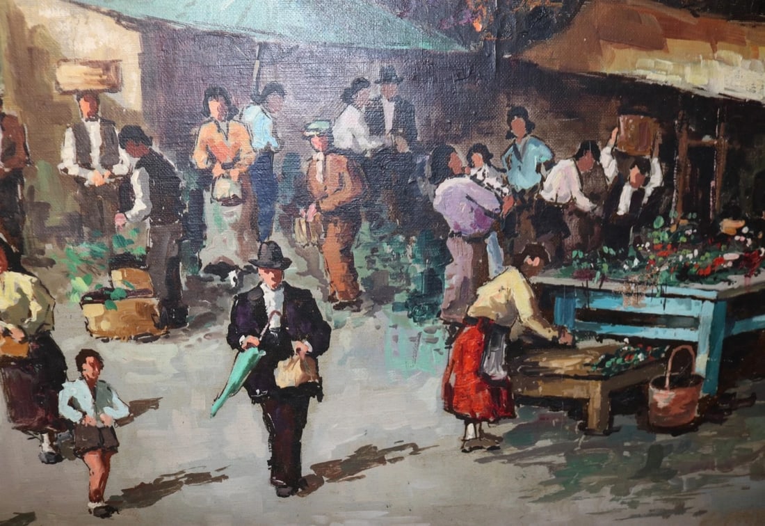 Vintage Original Fruit Vegetable Farmers Market Landscape Oil Painting - 6