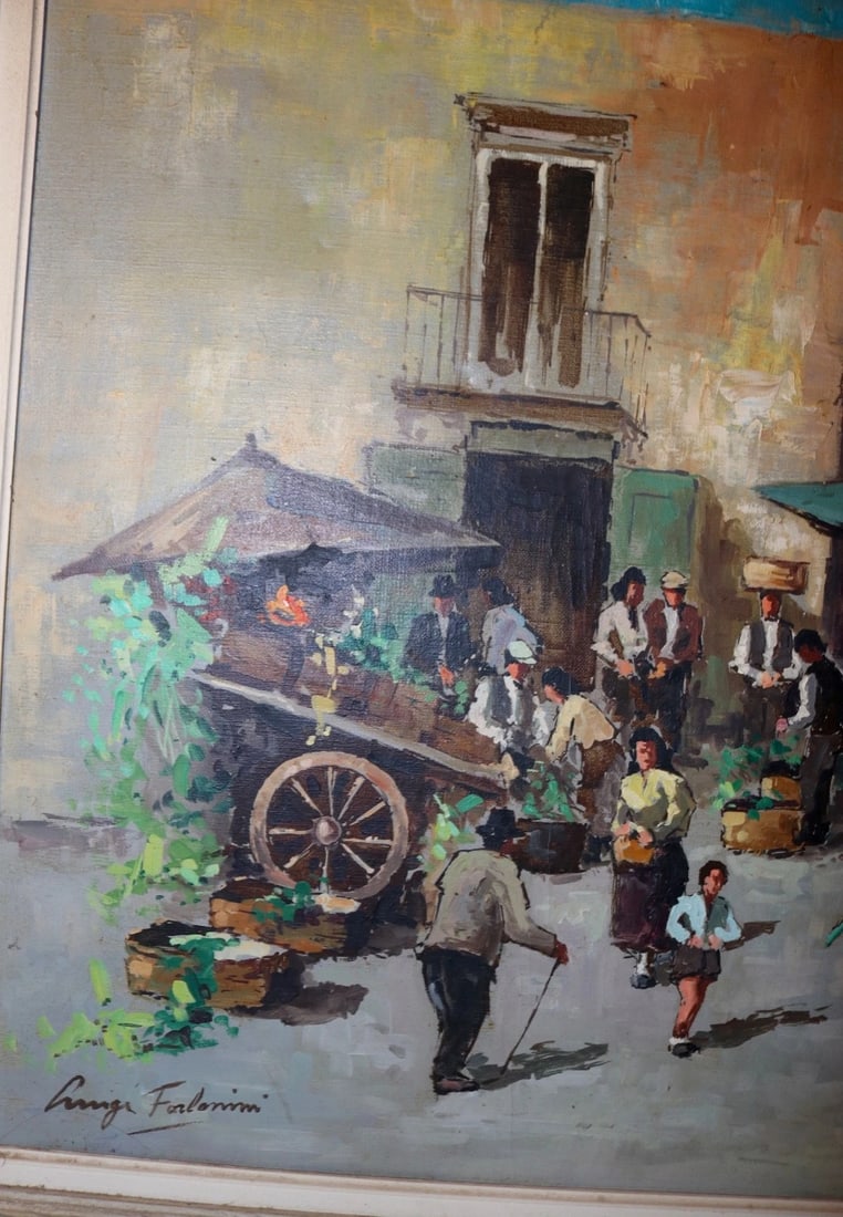 Vintage Original Fruit Vegetable Farmers Market Landscape Oil Painting - 7