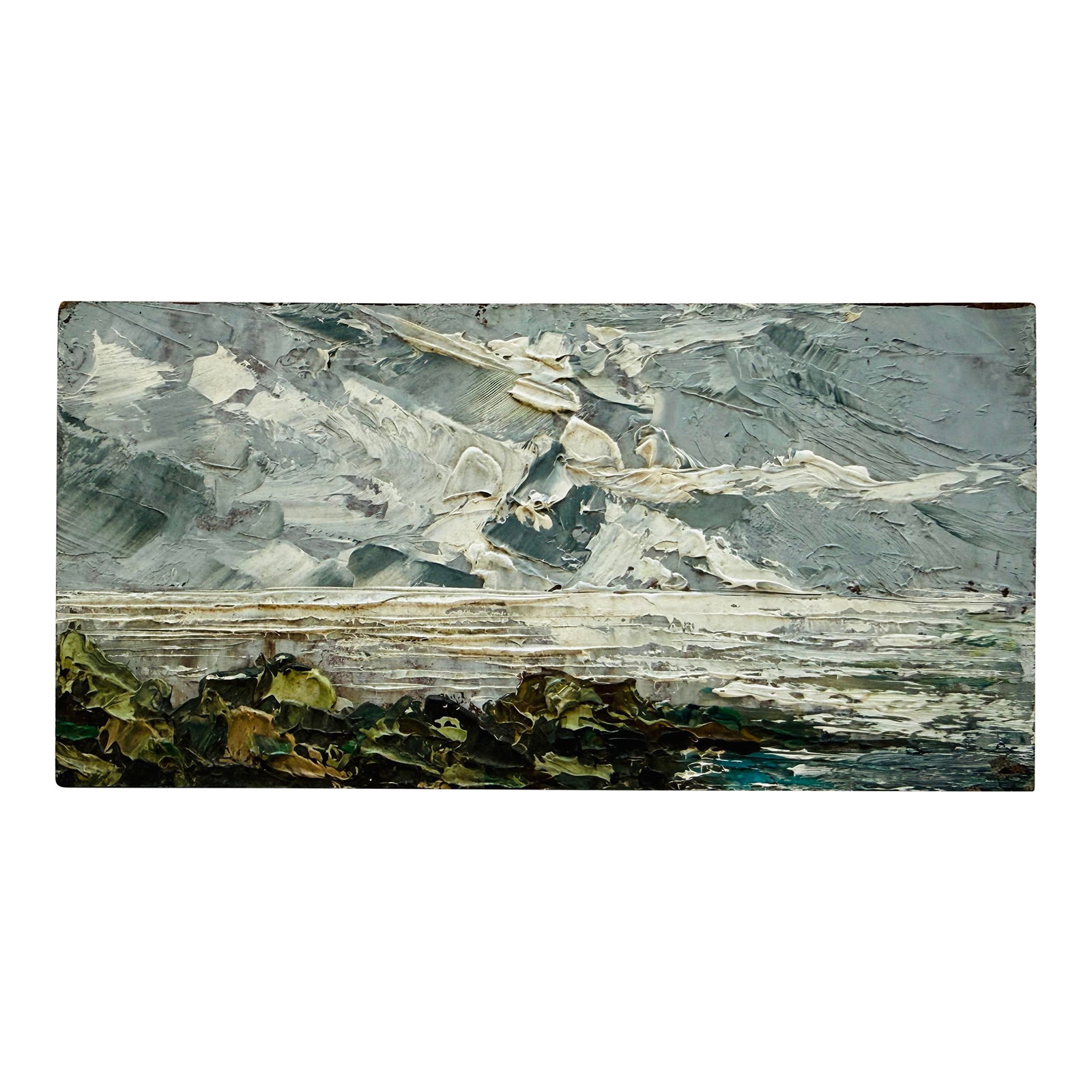 Vintage Italian Impasto Landscape Painting Sienna Italy Abstract Coastal Art on Board Small Art: A striking small-scale vintage painting sourced from a market in Siena, Italy, featuring thick impasto brushwork and a moody, atmospheric landscape. The palette is beautifully restrained-soft greys, s