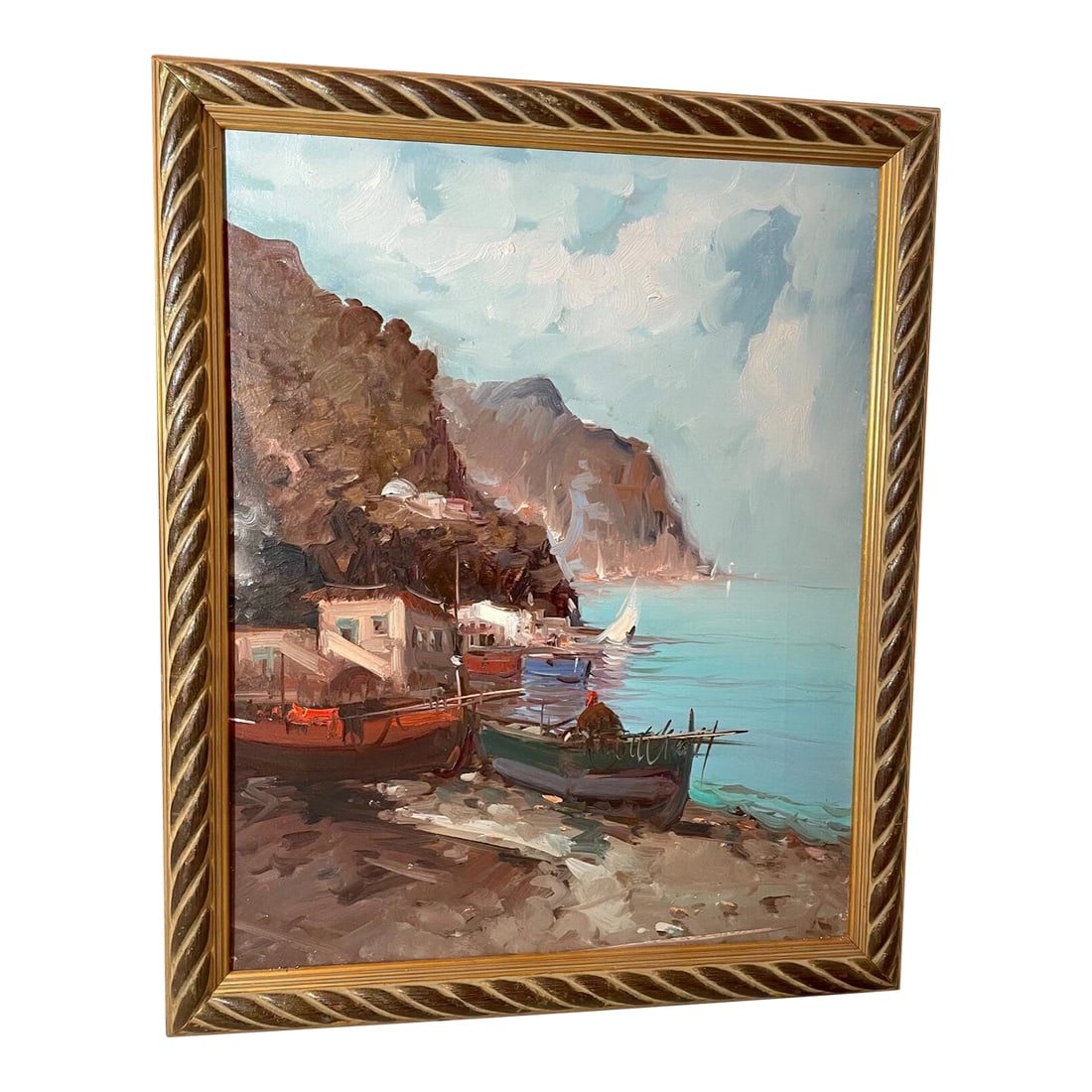 Vintage Original Abstract Expressionism Nautical Coast Shore Boat Oil Painting: Up for sale is a wonderful vintage original abstract expressionism nautical oil painting. It's painted on a stretched canvas with a lovely expressionistic style where the paint strokes are very appare