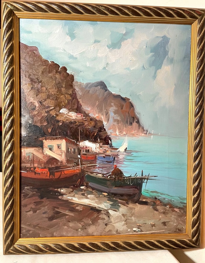 Vintage Original Abstract Expressionism Nautical Coast Shore Boat Oil Painting - 2