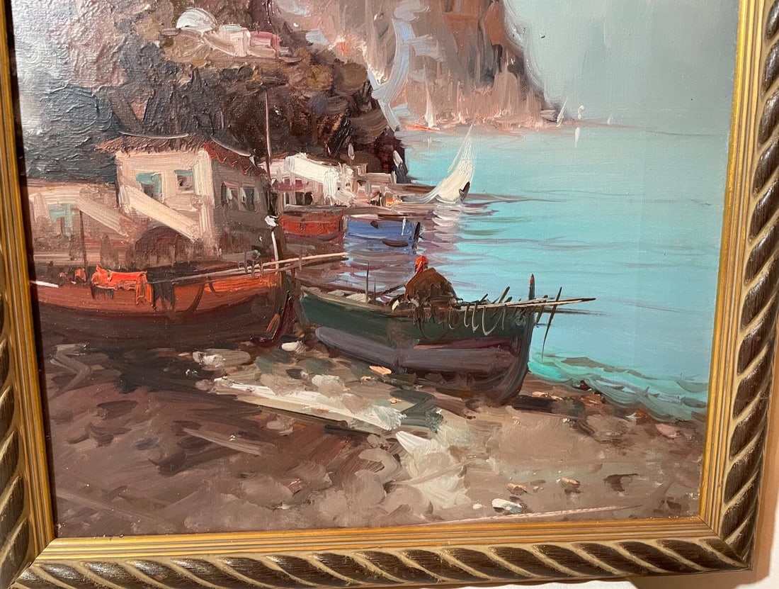 Vintage Original Abstract Expressionism Nautical Coast Shore Boat Oil Painting - 3
