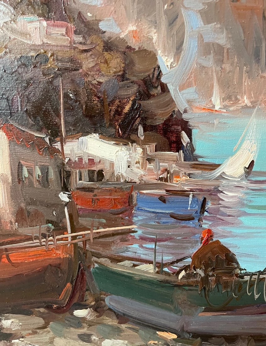 Vintage Original Abstract Expressionism Nautical Coast Shore Boat Oil Painting - 4