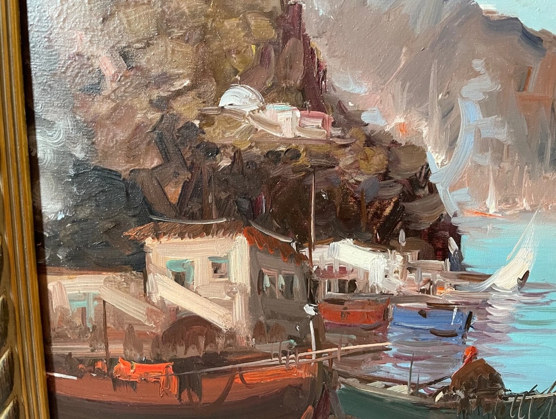 Vintage Original Abstract Expressionism Nautical Coast Shore Boat Oil Painting - 5