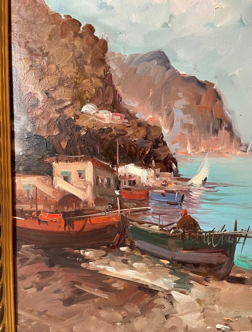 Vintage Original Abstract Expressionism Nautical Coast Shore Boat Oil Painting - 6