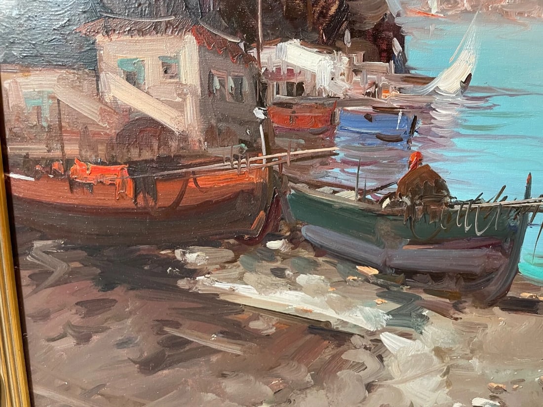 Vintage Original Abstract Expressionism Nautical Coast Shore Boat Oil Painting - 7