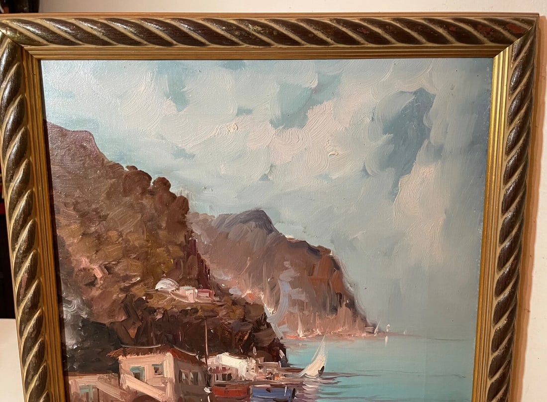 Vintage Original Abstract Expressionism Nautical Coast Shore Boat Oil Painting - 9