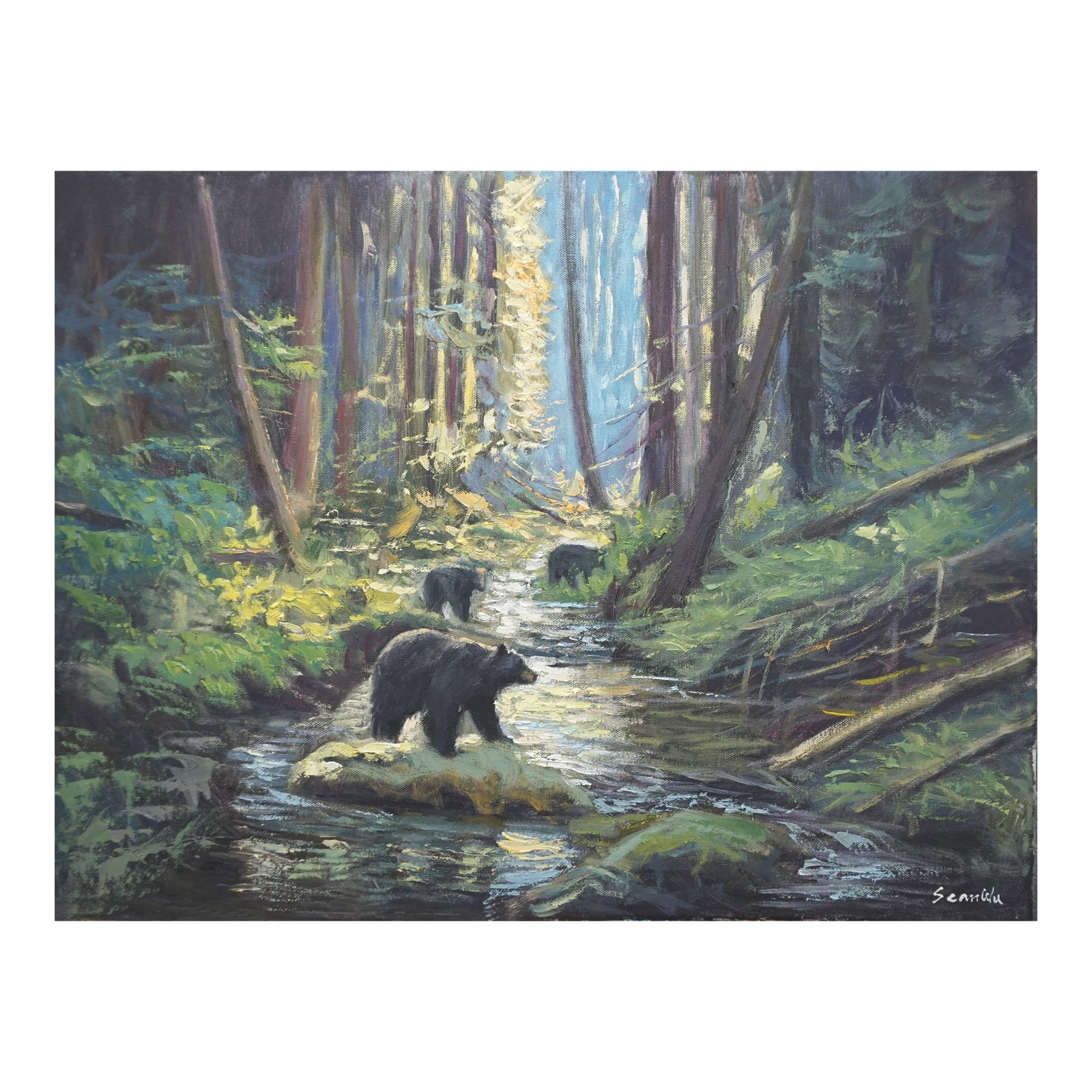 Original Oil Painting on Canvas, Bear Family by Sean Wu: Original oil painting by Sean Wu, The bear family by a pond in the forest Condition: Imperfections: No Imperfections Origin: United States Materials & Techniques: Oil Paint Details: Country of