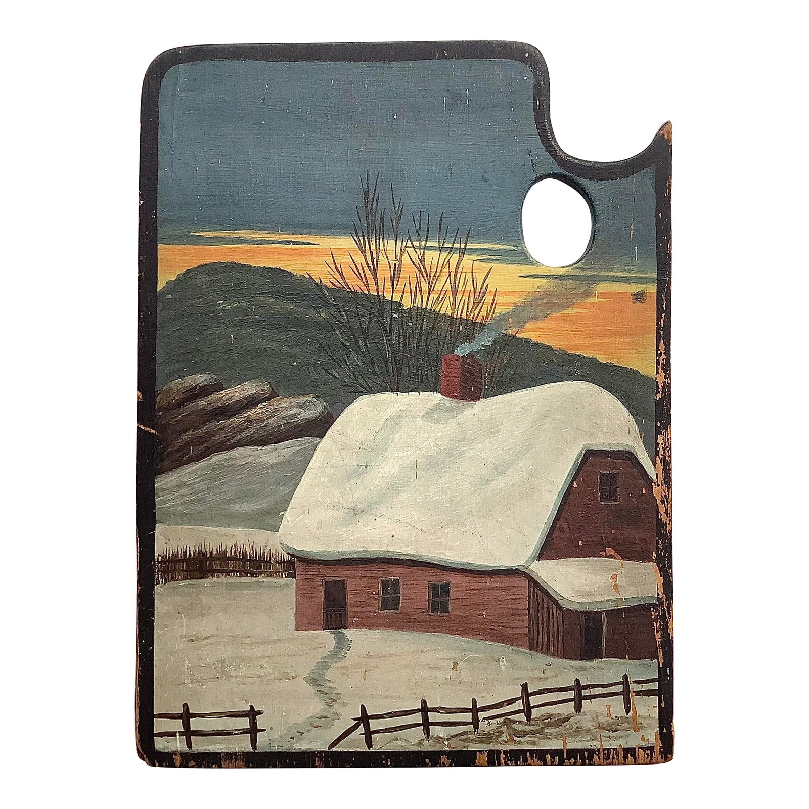 Antique Painted Palette With House in the Snow: Found in Vermont, folky winter scene of house in snow painted on early wood palette. Painting has discolorations, paint loss, scratches. Condition: Alterations: Original Condition Unaltered