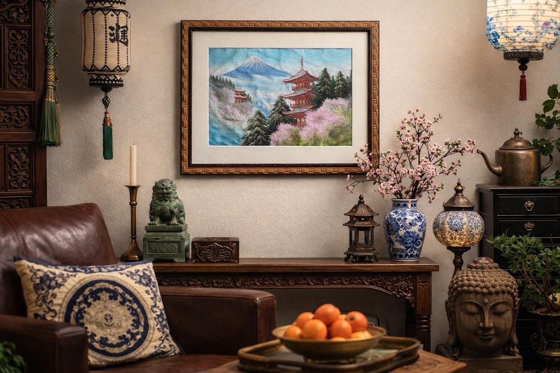 Vintage Japanese Silk Embroidery of Mount Fuji With Pagodas, Framed - 2