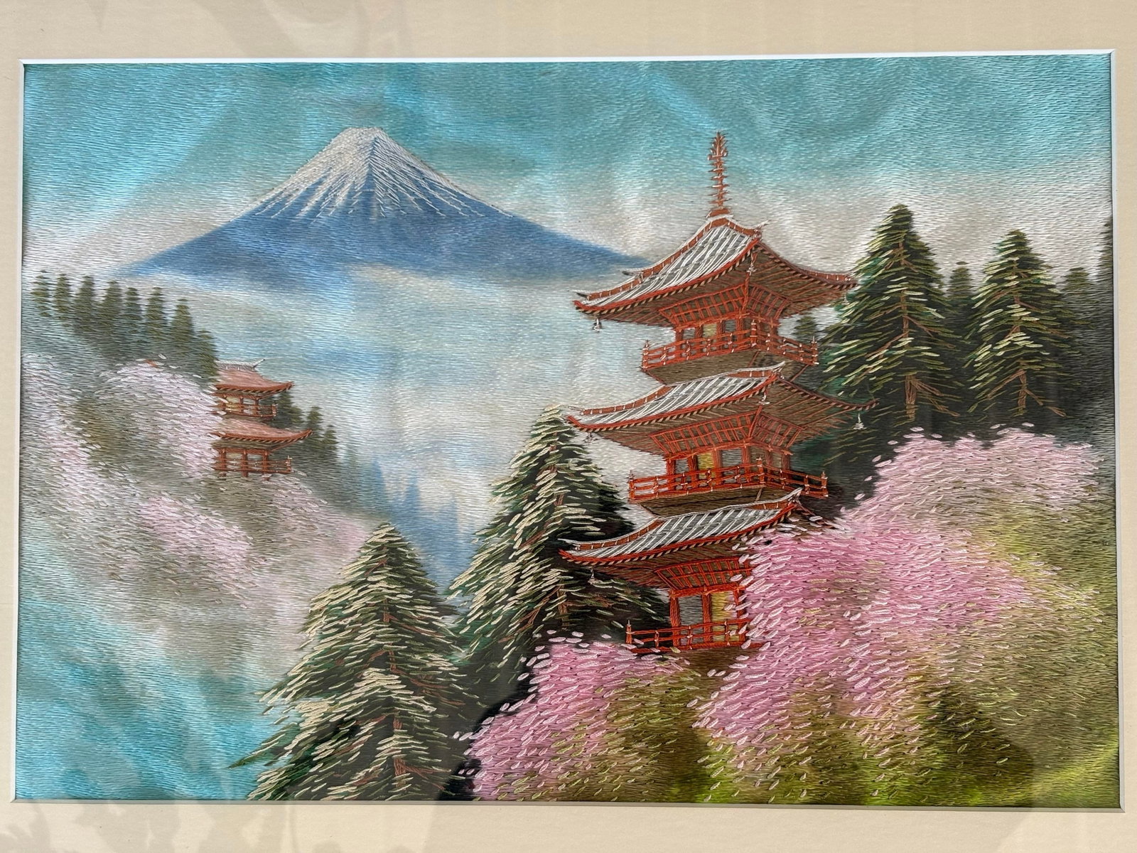 Vintage Japanese Silk Embroidery of Mount Fuji With Pagodas, Framed - 3
