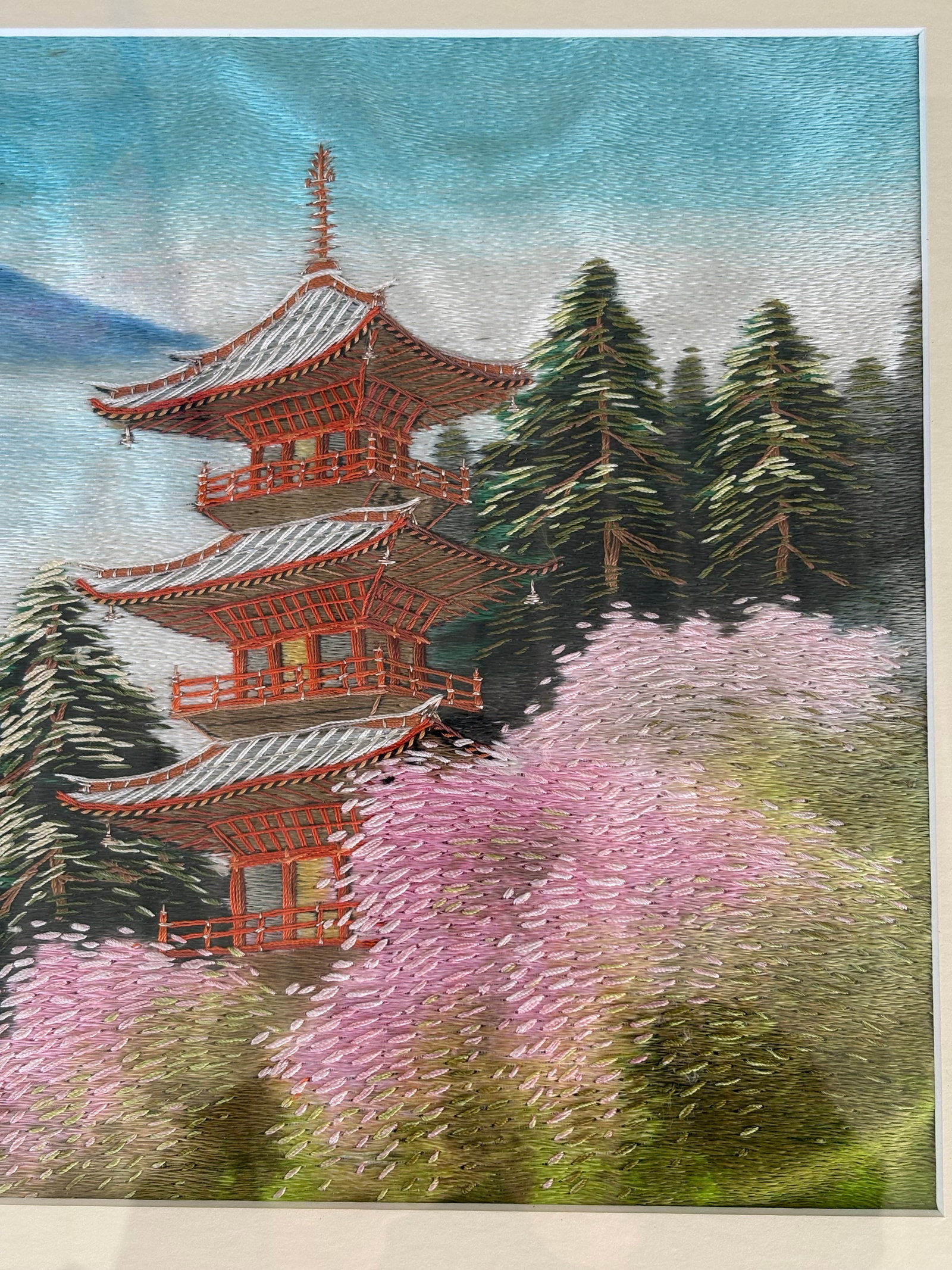 Vintage Japanese Silk Embroidery of Mount Fuji With Pagodas, Framed - 4