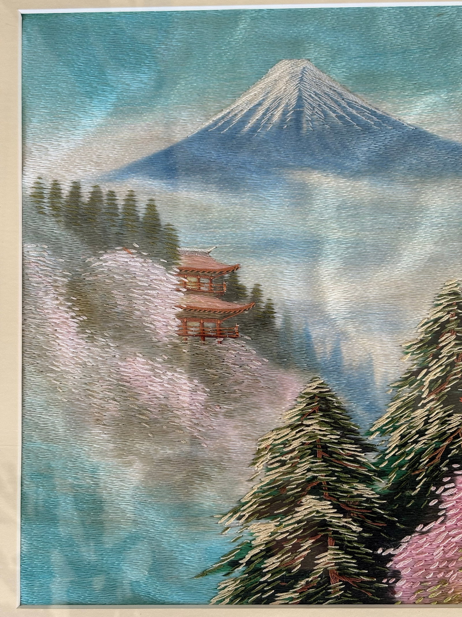 Vintage Japanese Silk Embroidery of Mount Fuji With Pagodas, Framed - 5