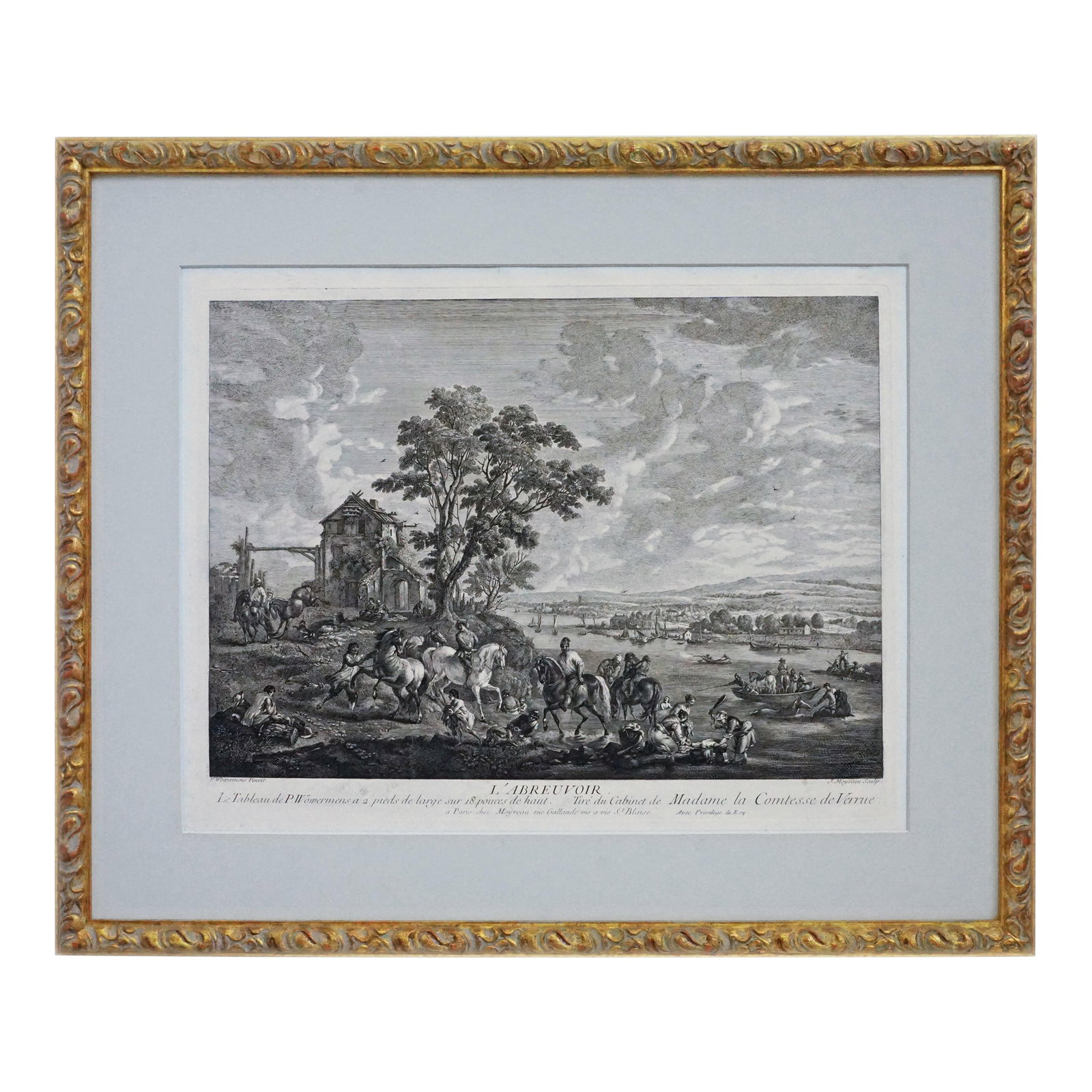 Antique Dutch Genre Landscape Etching L'Abreuvoir After Wouwermens Framed: Fine circa 19th Century etching titled L'Abreuvoir by Jean Moyreau after a painting by the same name by the celebrated 17th Century Dutch master Philips Wouwermens. This richly detailed riverbank