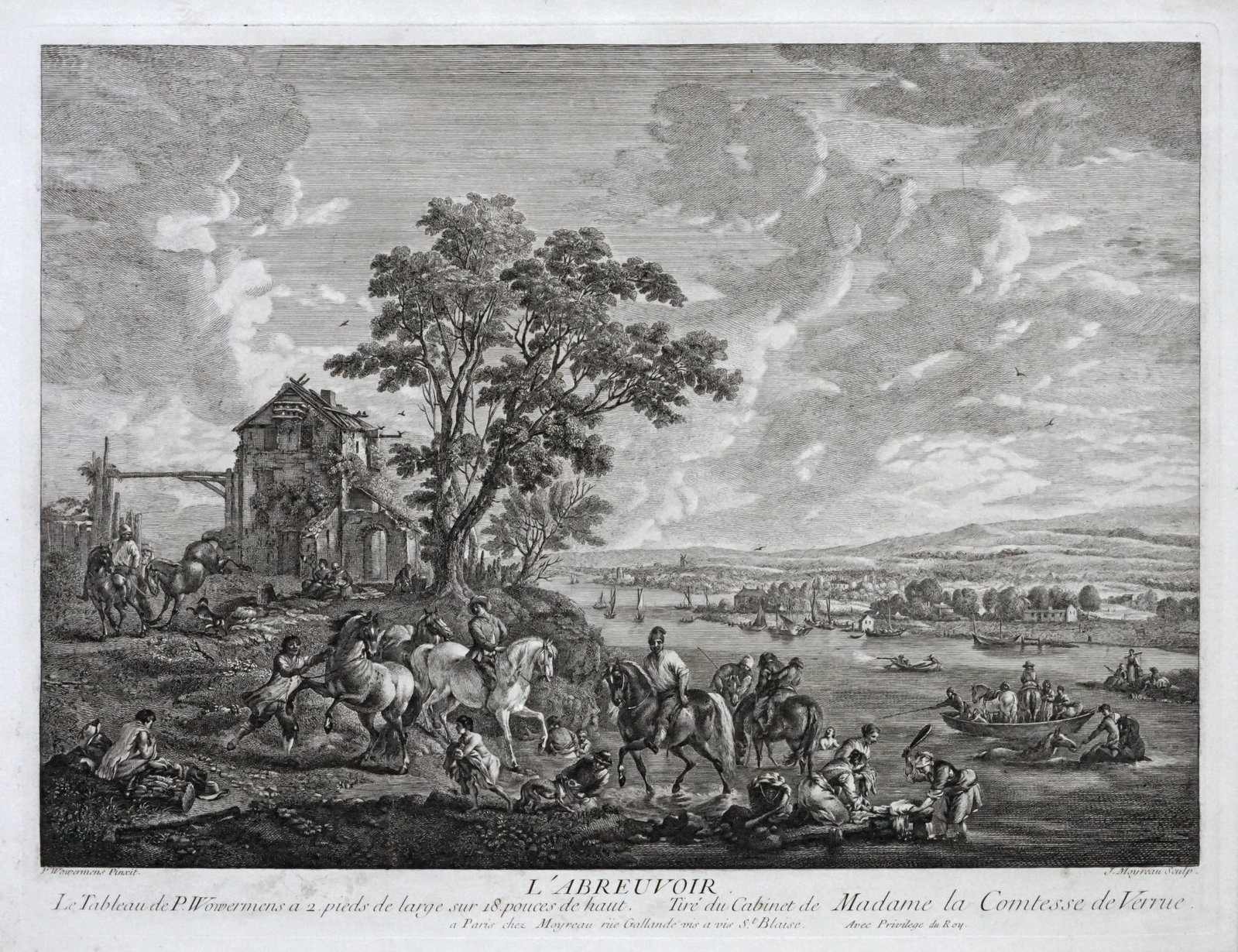 Antique Dutch Genre Landscape Etching L'Abreuvoir After Wouwermens Framed - 2