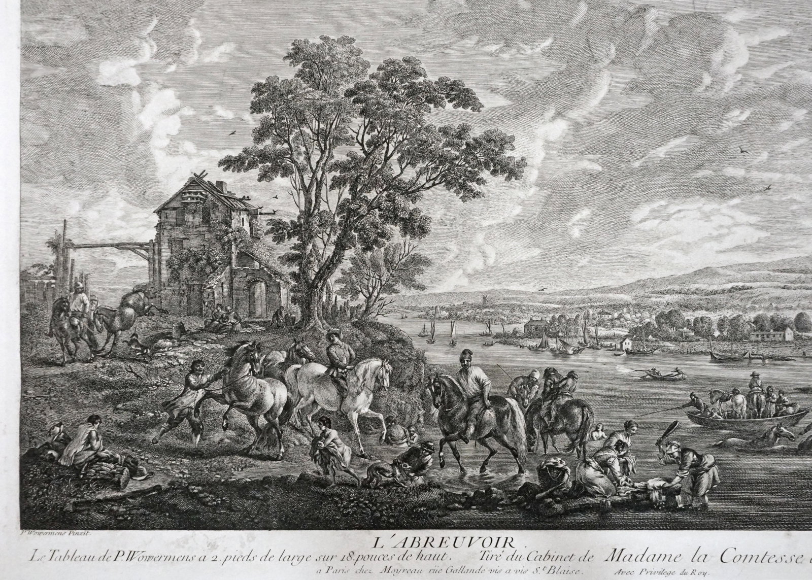 Antique Dutch Genre Landscape Etching L'Abreuvoir After Wouwermens Framed - 4