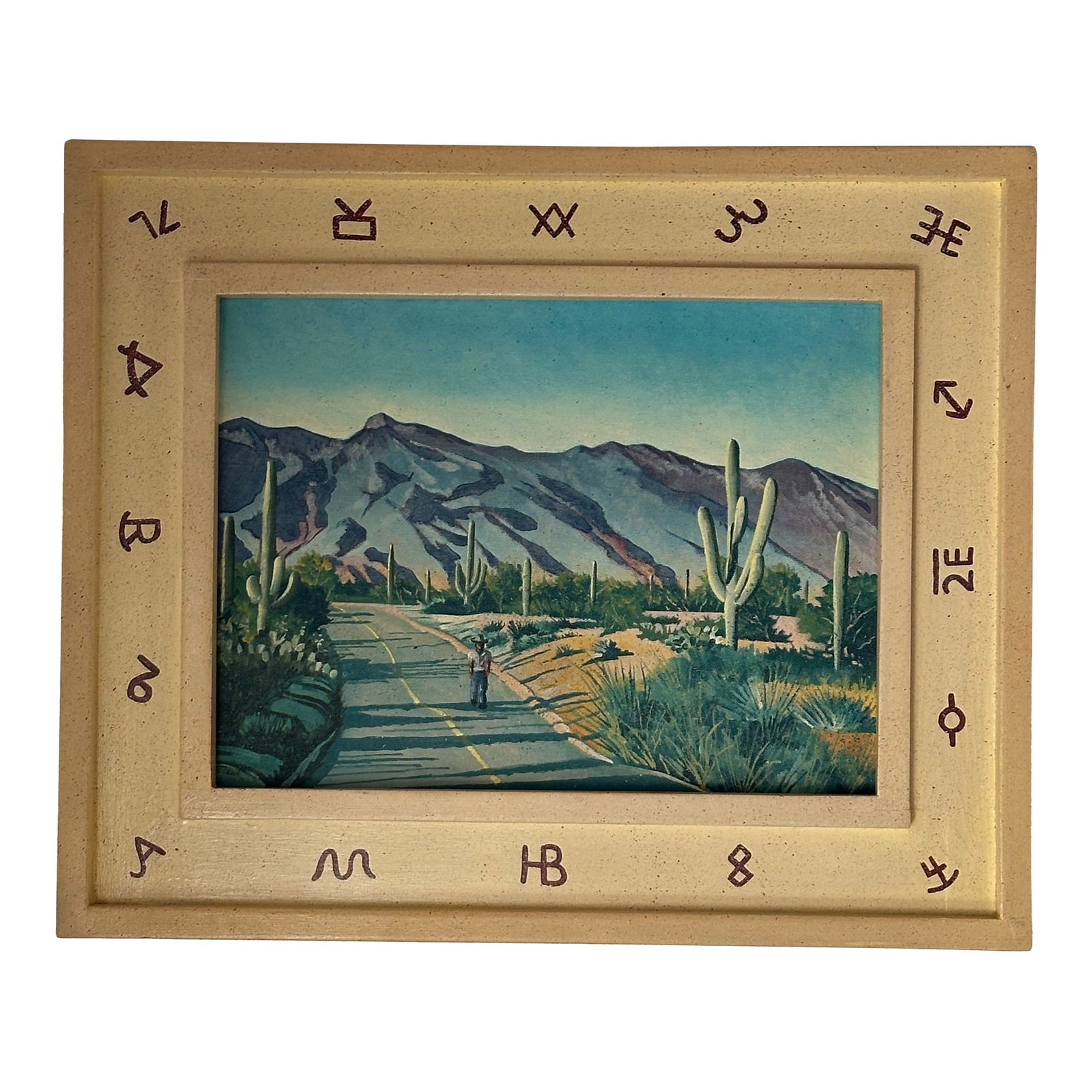 Charles Lopresto Desert Highway Acrylic Painting 1998: Beautiful desert (Arizona) painting with awesome framing. Signed verso by artist. Acrylic on board. Framed size 18.5 x 22.5. Condition: Alterations: Original Condition Unaltered Imperfections: Some