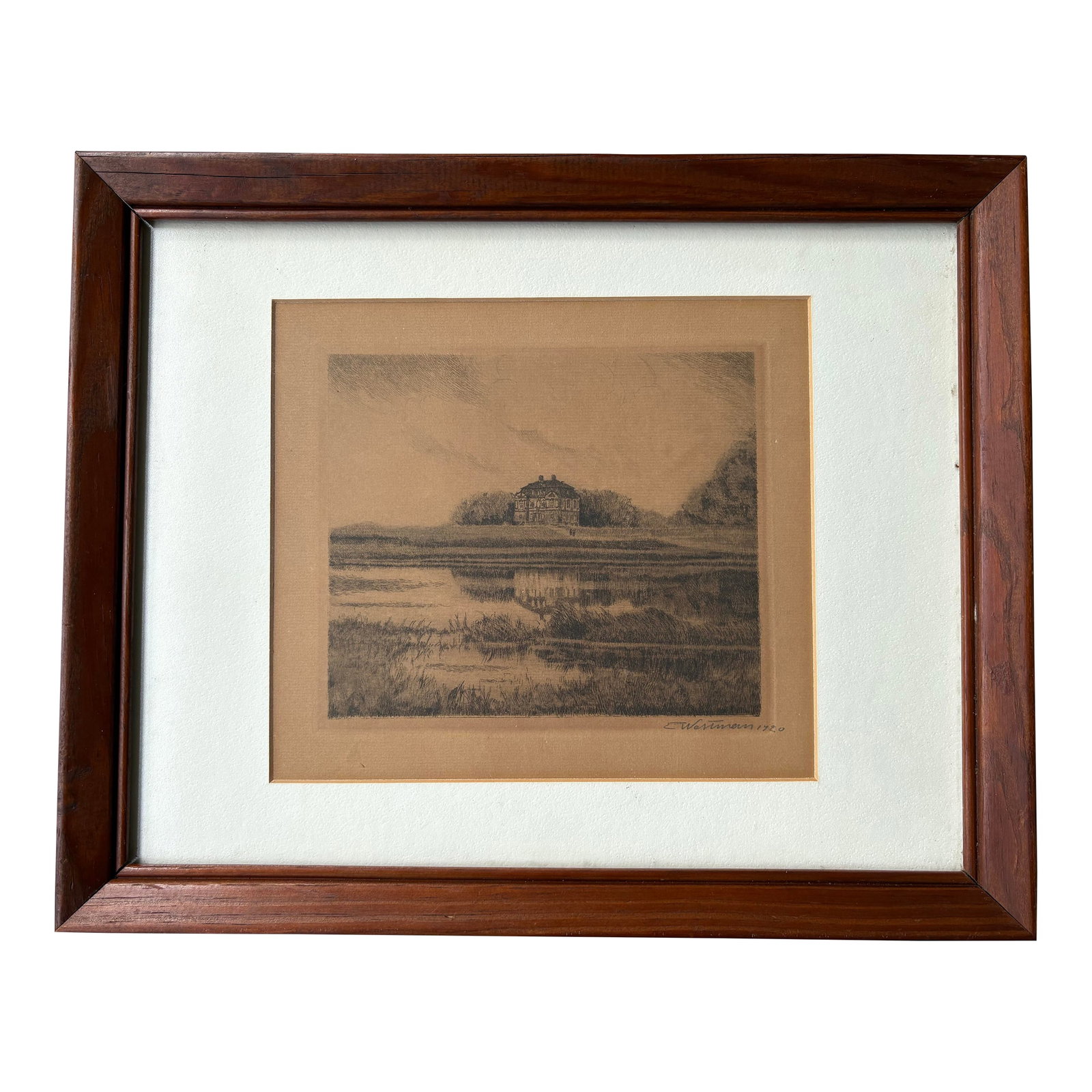Antique Signed Landscape Etching in Original Wood Frame, C. 1920: This elegant antique landscape etching, dated and signed 1920, depicts a serene architectural estate set within a natural landscape, reflected across calm water. The composition emphasizes symmetry,