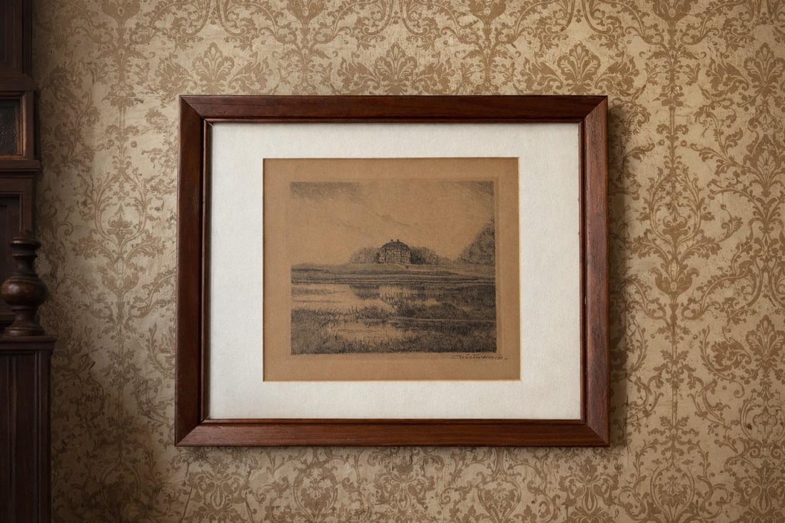 Antique Signed Landscape Etching in Original Wood Frame, C. 1920 - 2