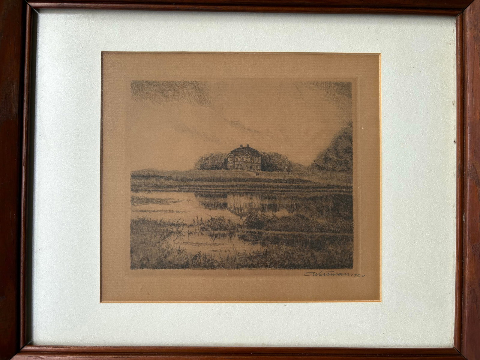 Antique Signed Landscape Etching in Original Wood Frame, C. 1920 - 3