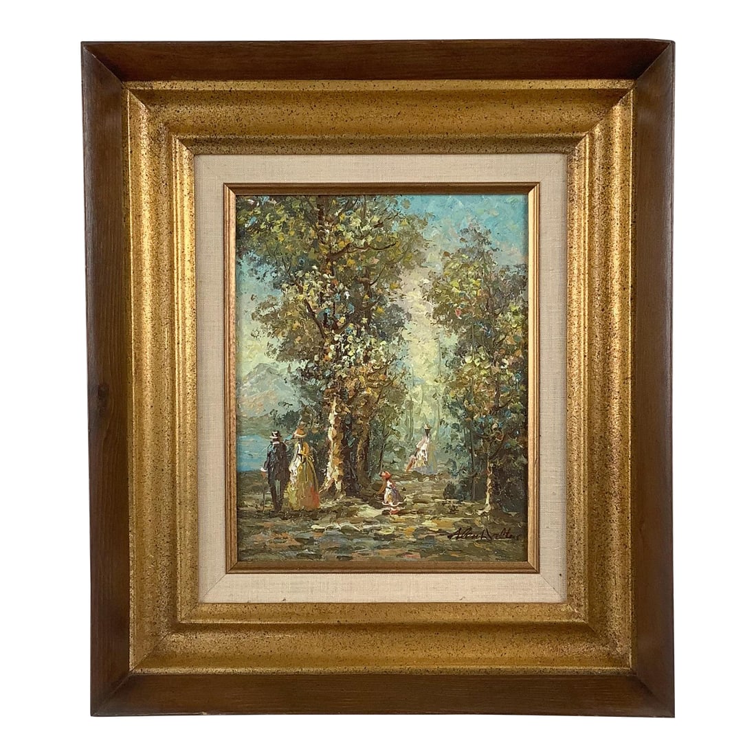 Signed Mid-Century European Impressionist Landscape Oil Painting in Gilt Frame: This evocative oil painting depicts an intimate European landscape scene rendered in a loose Impressionist manner, with figures strolling along a wooded path beneath a luminous sky. The composition