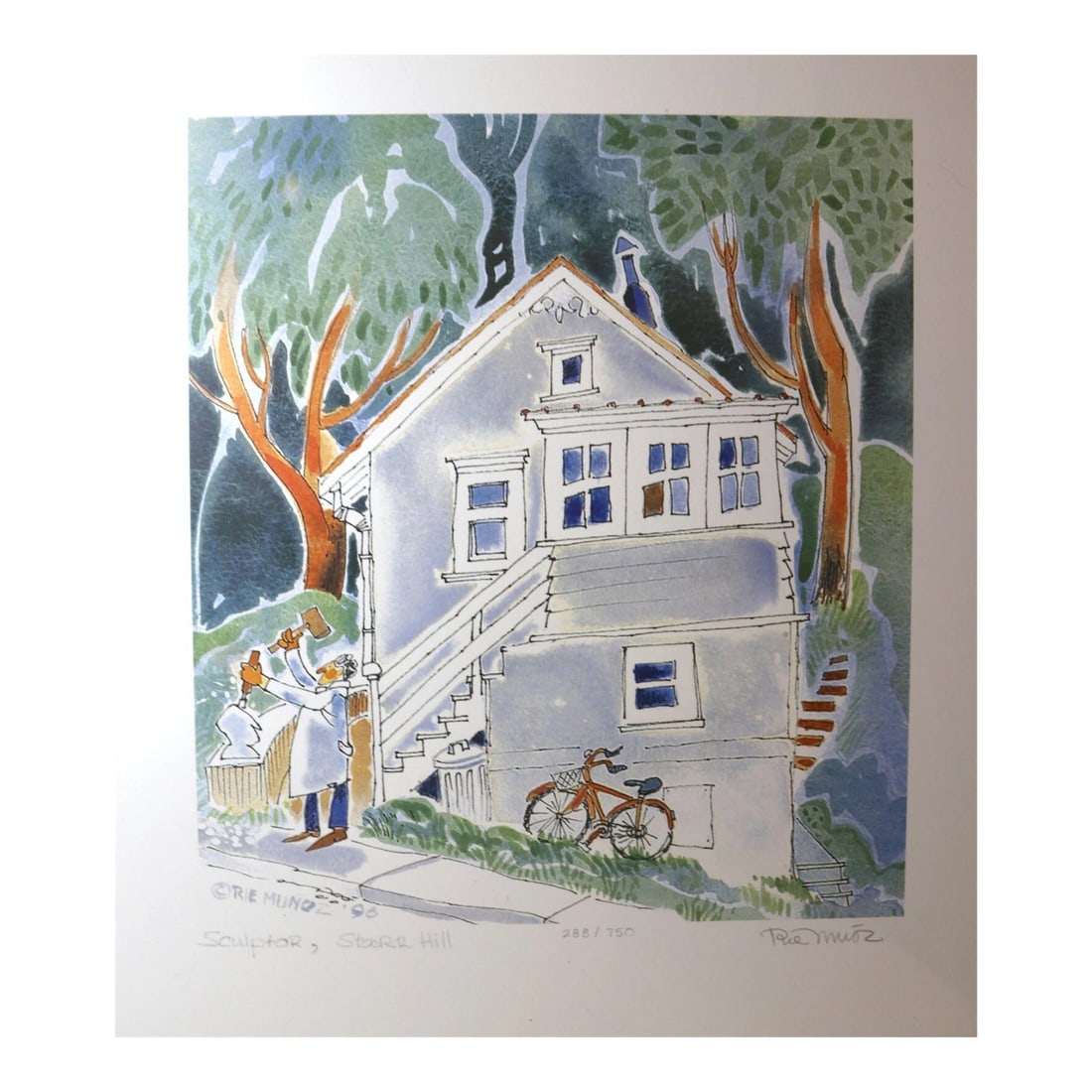 Original 1996 Limited Edition Rie Munoz Signed Numbered Sculptor Starr Art Print: Up for sale is an original limited edition Rie Munoz hand signed print titled "Sculptor, Starr Hill" 1996. It is done with a gorgeous stylized approach and rich color depicting a cartoon style image. 