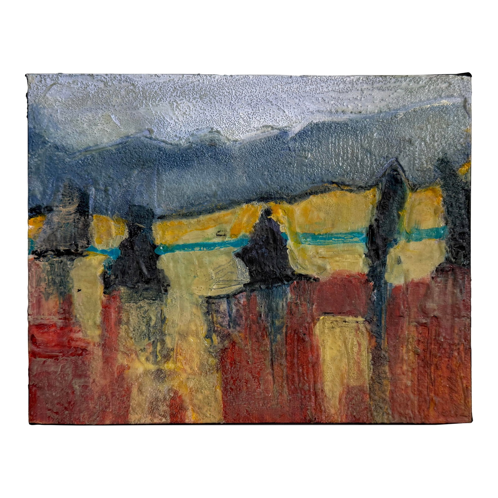 Italian Countryside Impressionist Landscape Painting: Early 21st-century amateur impressionist-style oil painting on canvas depicting a stylized rural landscape outside of Rome. No frame, the side of the canvas has been painted black. Includes wall hangi