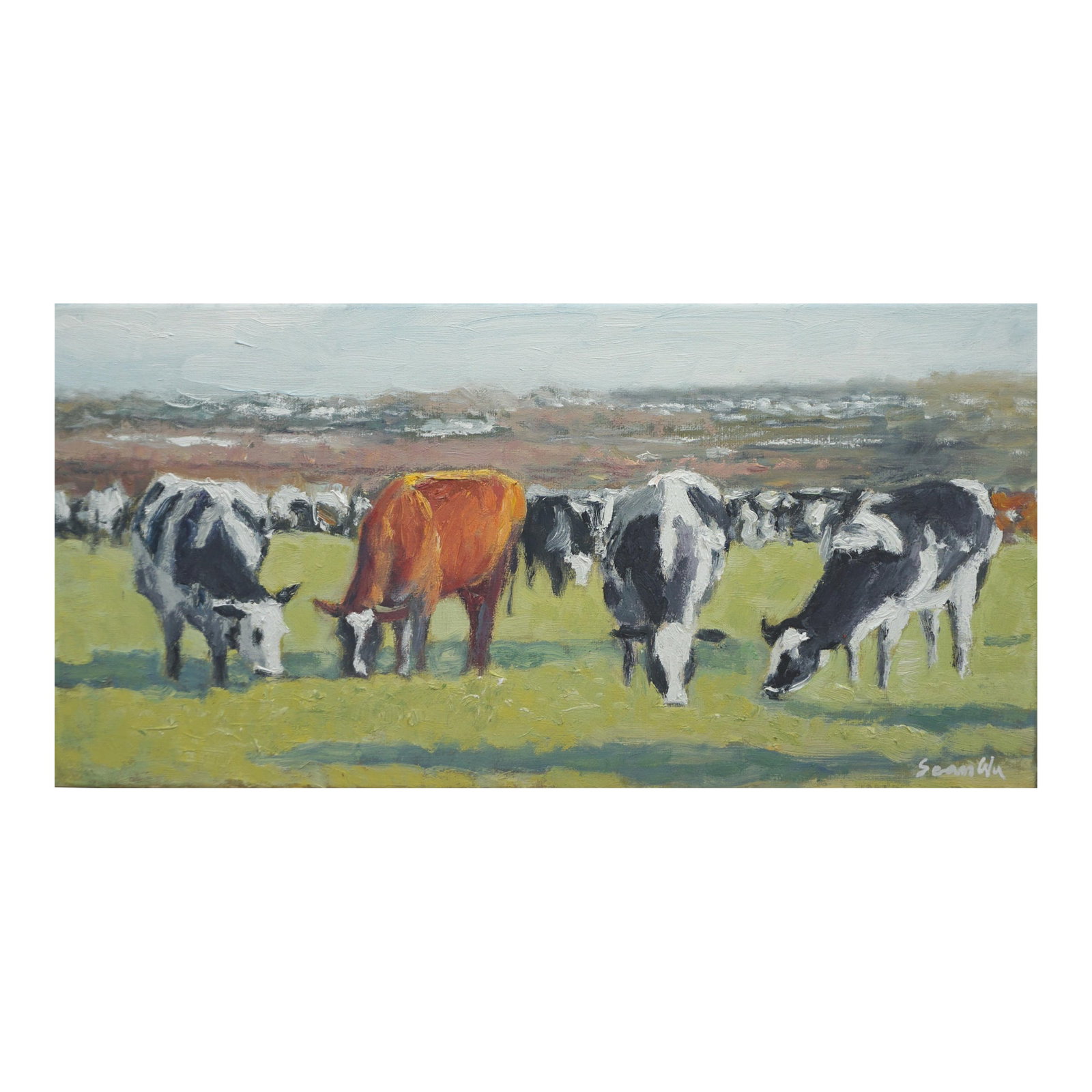 Original Oil Painting of Cows: Original oil painting by Sean Wu, The herd of cattle is in the pasture. Condition: Imperfections: No Imperfections Origin: United States Materials & Techniques: Oil Paint Details: Country of