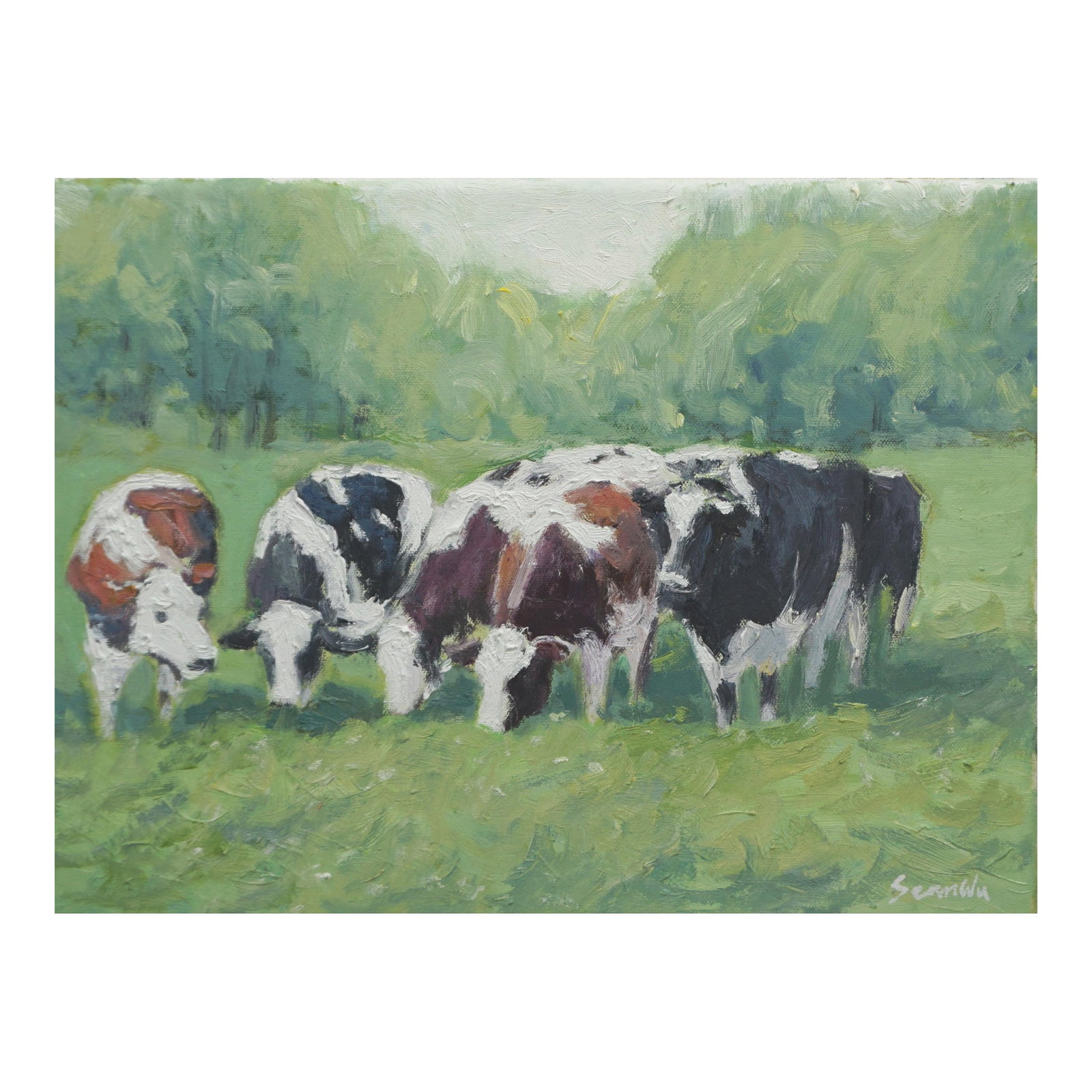 Original Oil Painting of Cows: Original oil painting by Sean Wu, Cows in the pasture. Condition: Imperfections: No Imperfections Origin: United States Materials & Techniques: Oil Paint Details: Country of Origin: United States