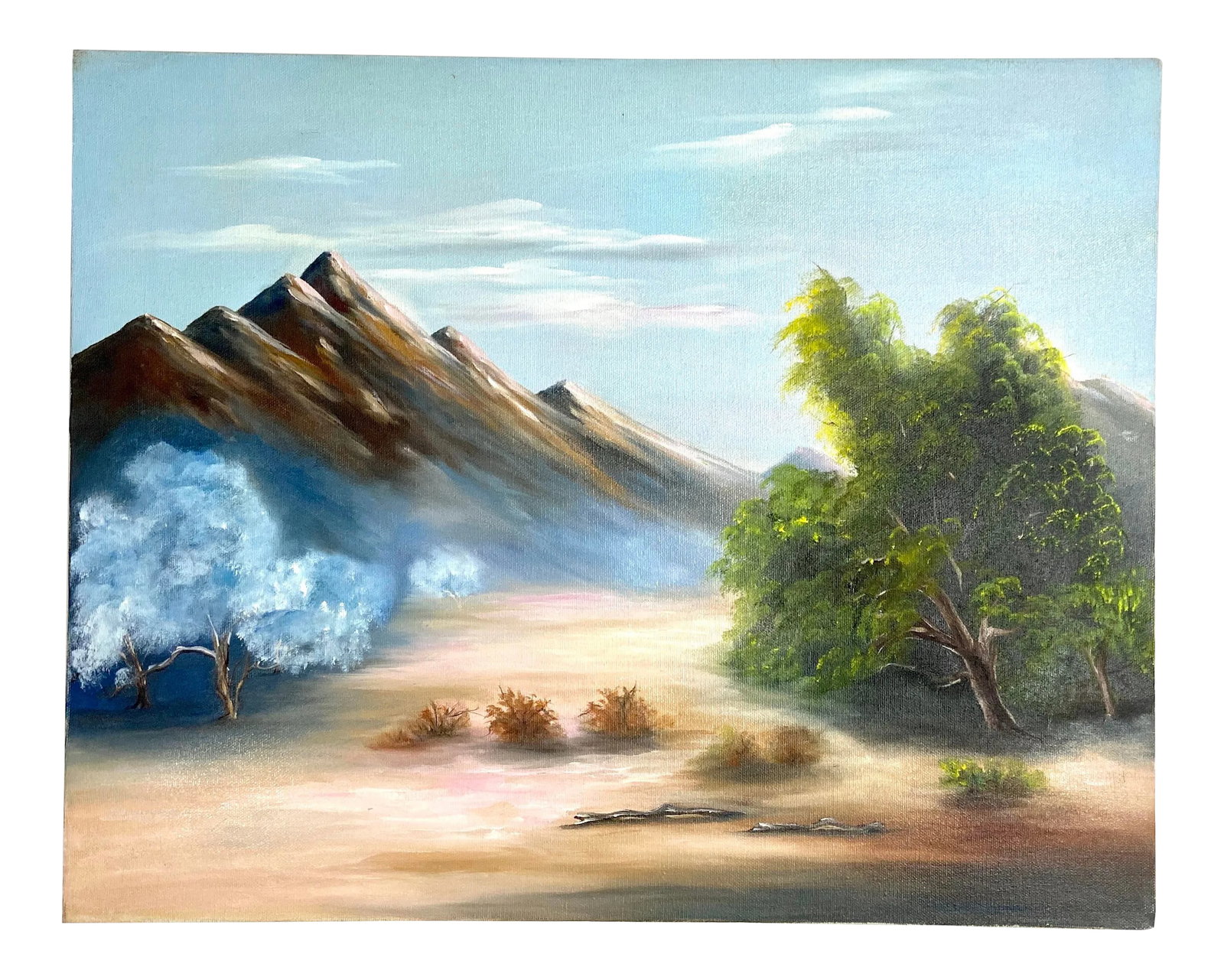 1980s California Desert Mountain Landscape Oil Painting by JH Bicknell: This is a beautiful desert landscape oil painting on canvas purchased at the estate sale of Garden Grove CA artist JH Bicknell. It has feathery strokes and vibrant color. Circa 1980's Condition: