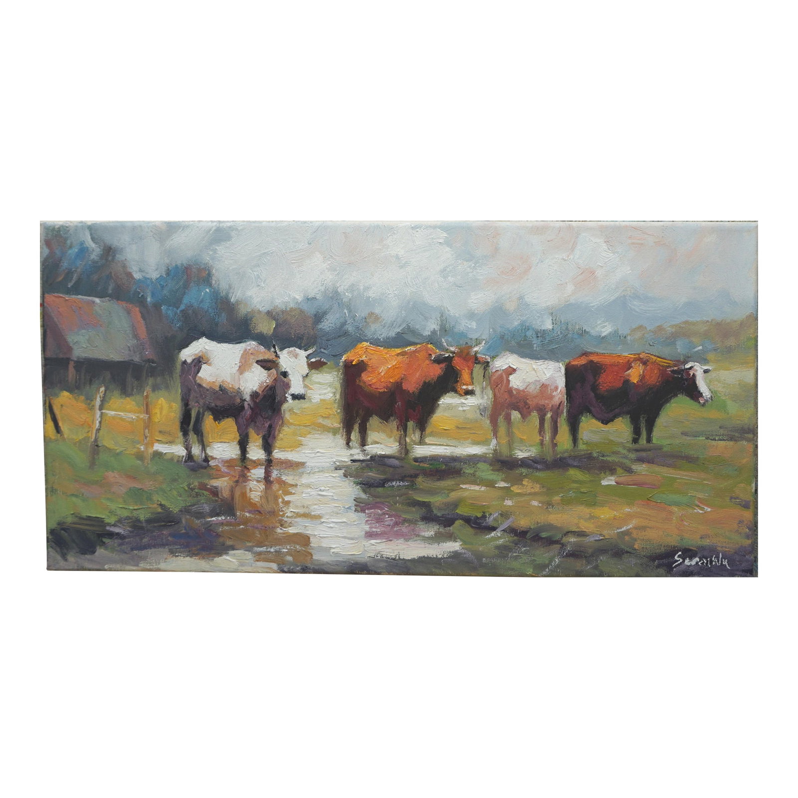 Original Oil Painting of Cows: Original oil painting by Sean Wu, The herd of cattle is in the pasture. Condition: Imperfections: No Imperfections Origin: United States Materials & Techniques: Oil Paint Details: Country of
