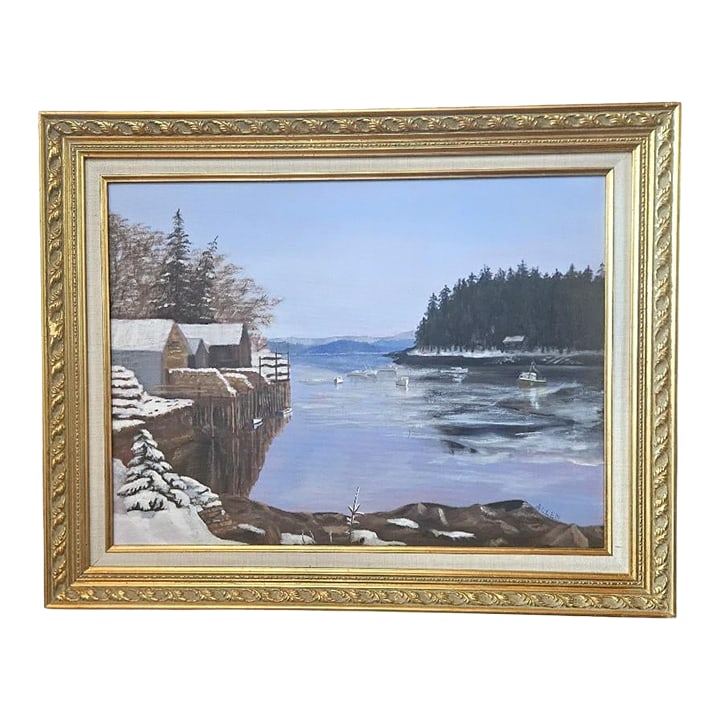 Winter Harbor Snow Scene Original Painting on Canvas, Signed Allen - Framed Coastal Landscape 291/2" (1 of 9)