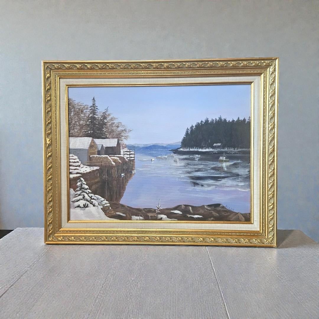 Winter Harbor Snow Scene Original Painting on Canvas, Signed Allen - Framed Coastal Landscape 291/2" - 2