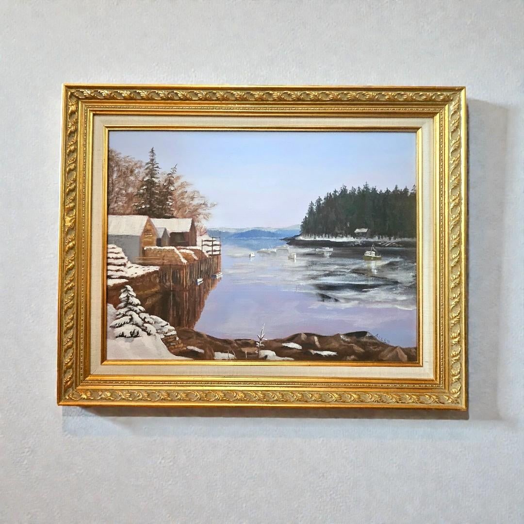 Winter Harbor Snow Scene Original Painting on Canvas, Signed Allen - Framed Coastal Landscape 291/2" - 5