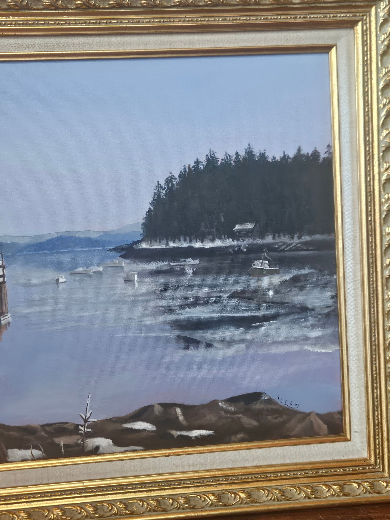 Winter Harbor Snow Scene Original Painting on Canvas, Signed Allen - Framed Coastal Landscape 291/2" - 8