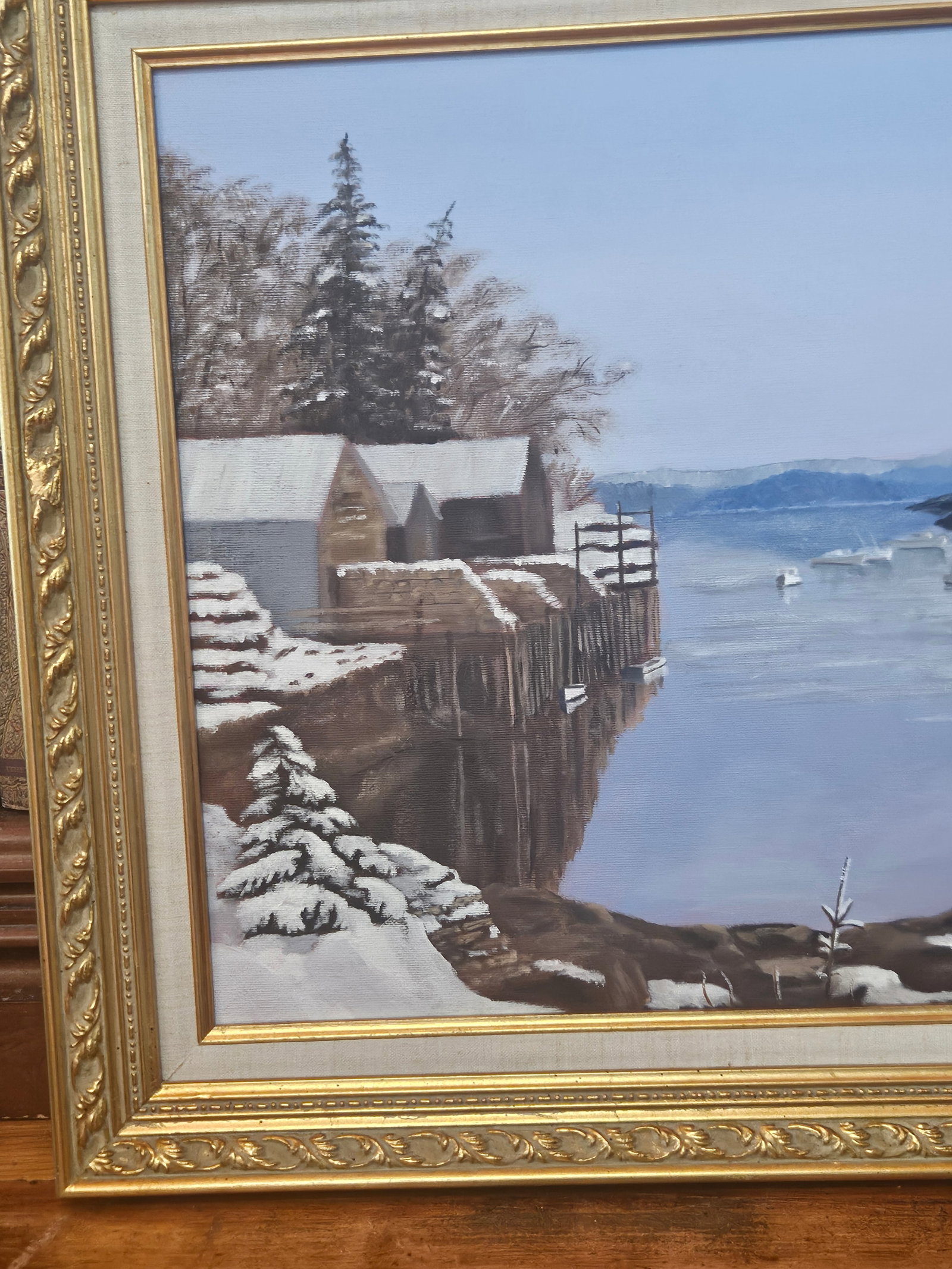 Winter Harbor Snow Scene Original Painting on Canvas, Signed Allen - Framed Coastal Landscape 291/2" - 9