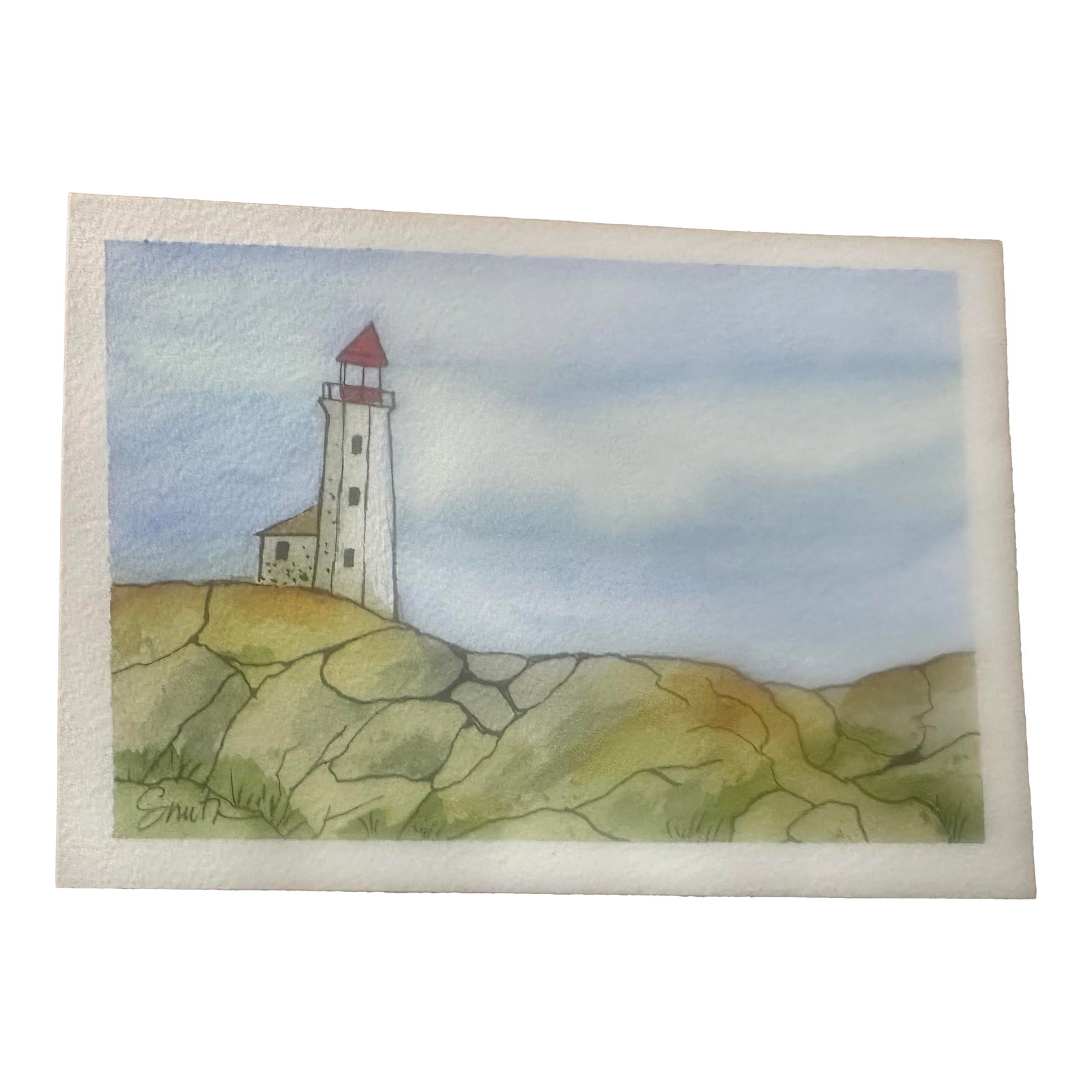 "Coastal Beacon" Signed Original Watercolor Seascape by Nancy Smith: Original watercolor painting featuring a solitary lighthouse perched atop a rocky coastal bluff. Soft washes of blue sky and earthy greens create a serene, airy atmosphere, while fine ink details