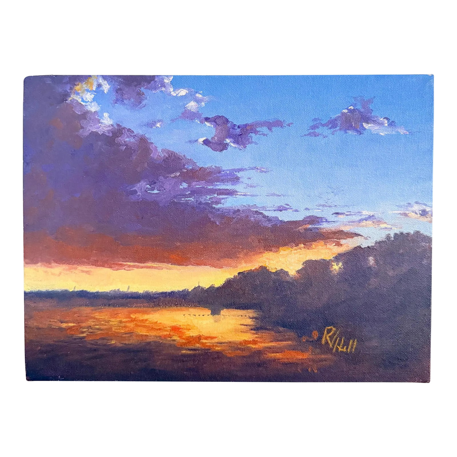 Looking West on Lake Fork, Sunset Oil Painting on Canvas, Signed, Robert Valton Hill: Stunning oil painting of a deep sunset over a lake landscape, by Robert Valton Hill. The quality of the painting is lovely, the lighting, shadows and shading on the clouds is expertly done. It gives t