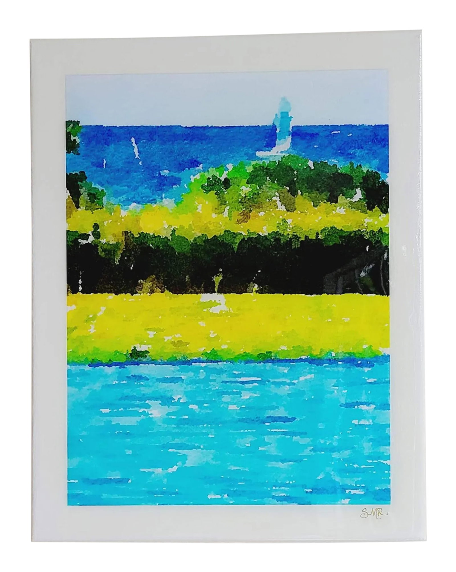 Poolside Seascape - Contemporary Tropical Seascape Digital Watercolor Print by Suzanne MacCrone Roge: Each art piece in this collection of "Cool Pools & Palms" is an original photograph which has been manipulated digitally to resemble a watercolor painting. Many of the photos were taken while on locat