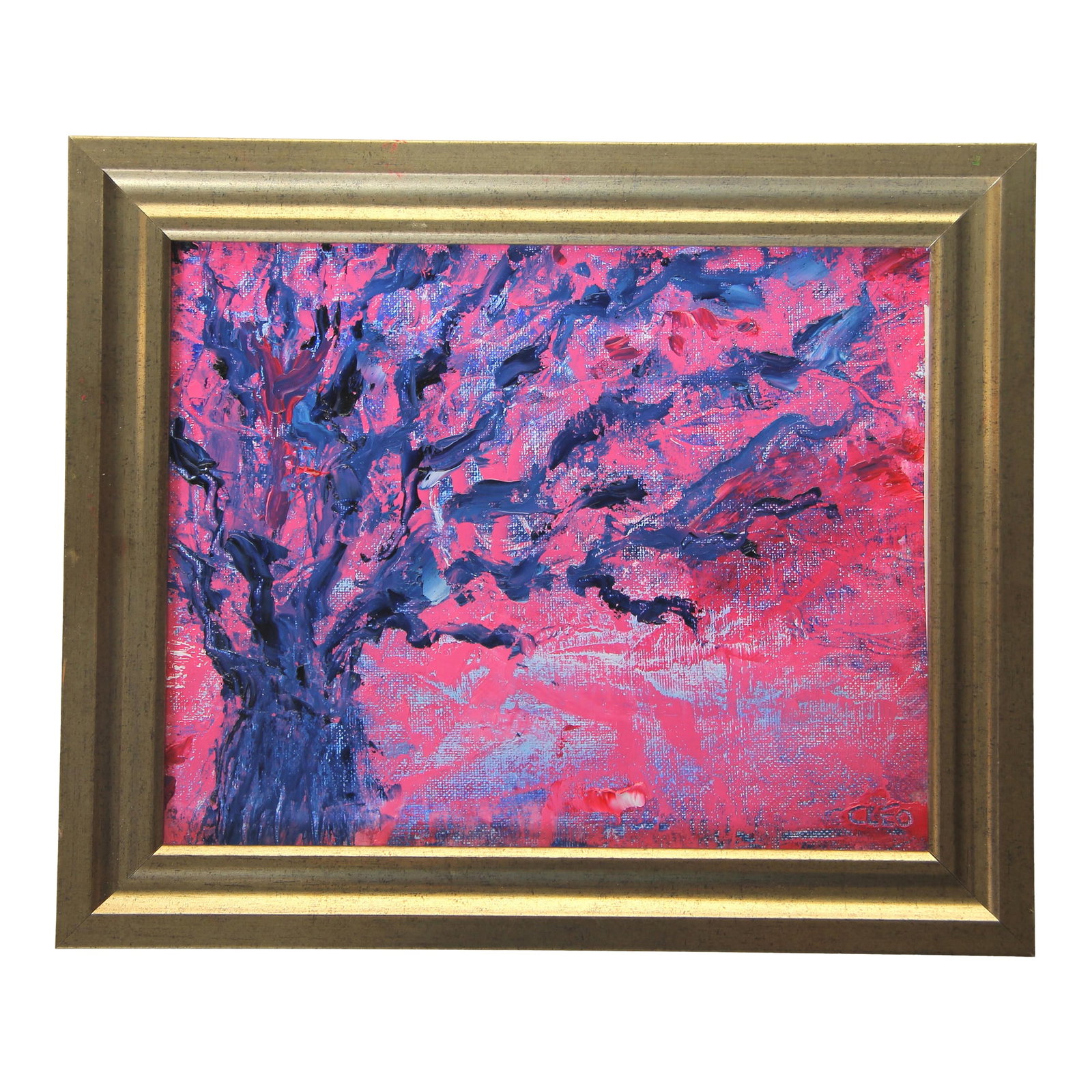 Botanical Abstract Tree Landscape Raspberry Pink Red Indigo Blue Original Oil Painting Cleo Plowden: An oil painting of an abstract tree boldly painted in a traditional Japanesque or Chinoiserie style in indigo blue and raspberry red. Painted with a palette knife for impressionist texture and framed